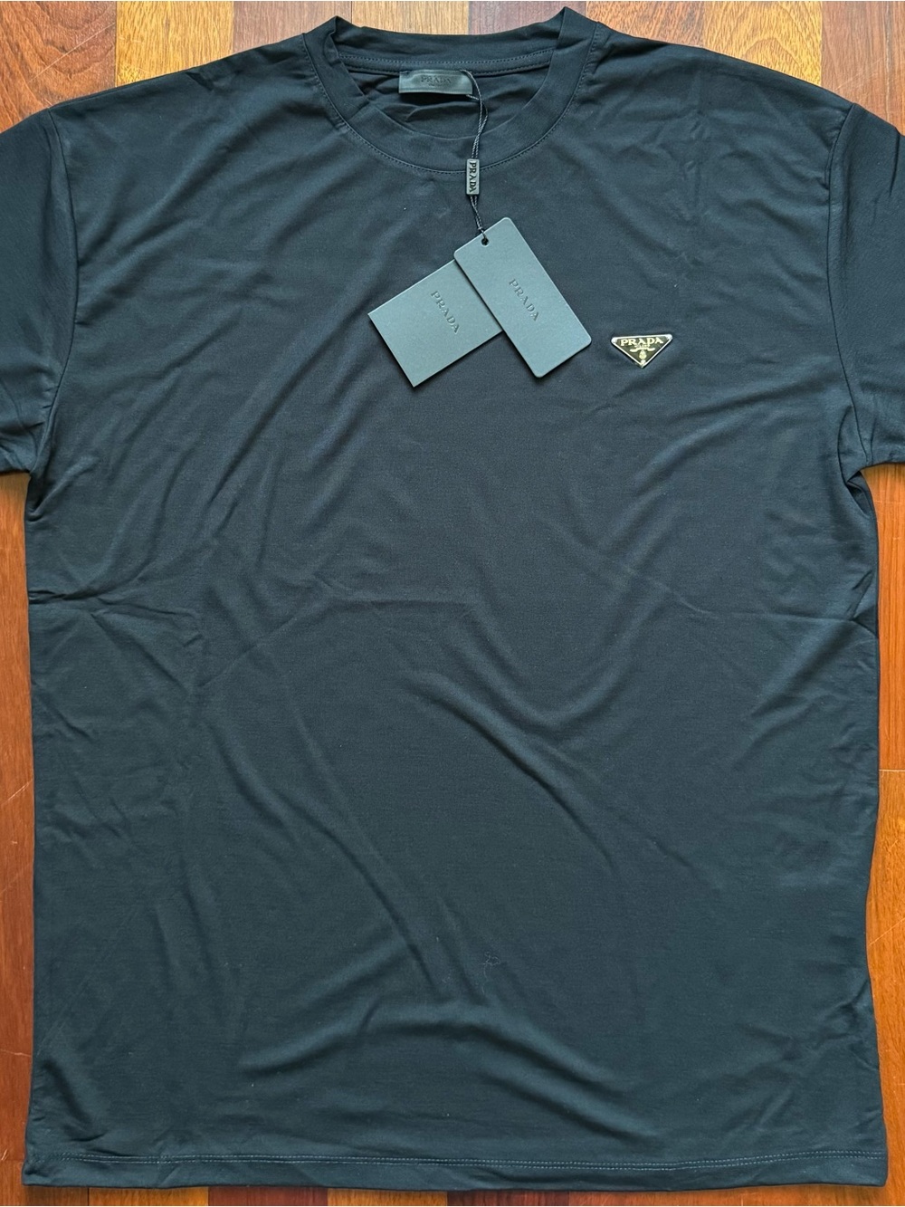 Prada Blue Short Sleeve Crewneck Tee with Gold Triangle Badge